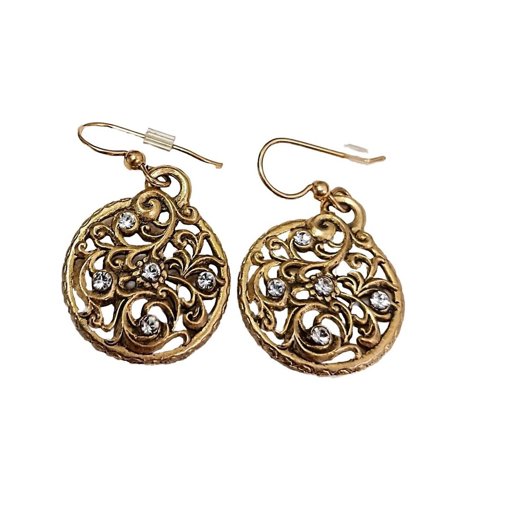 Vntg Silver Gold Plated FILLAGREE Round Floral Earring Pierced Simulated Diamond